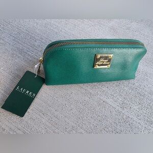 Lauren Ralph Lauren Green Leather Zip Pouch / Clutch Wallet 7.5” New With Tags